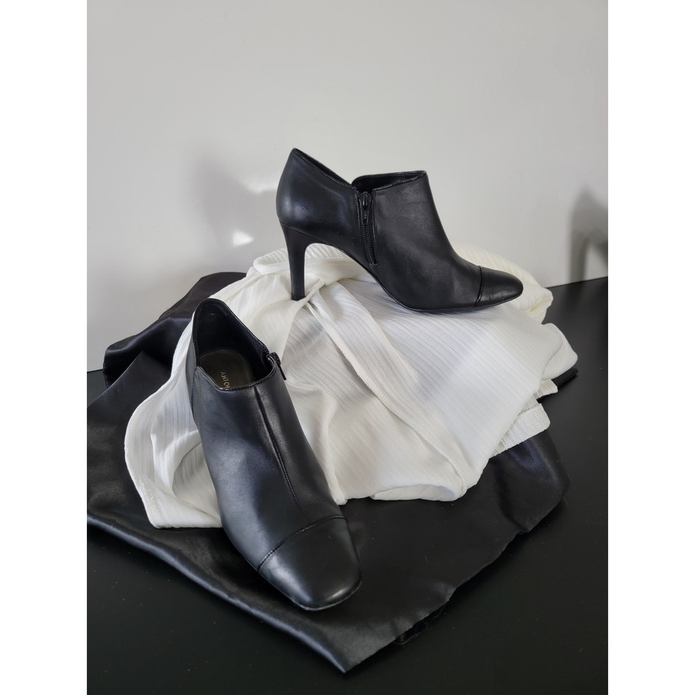 Antonio Melani Black Leather Cap Toe Ankle Booties Stiletto Heel Size 8M‎